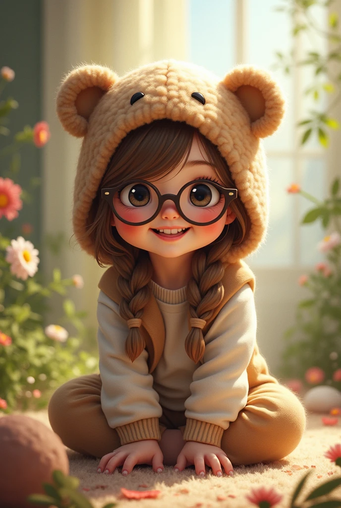 don't fly, with rosy cheeks, long hair light brown color, eyes black, Grinning, sitting on the floor, with teddy bear cap and glasses