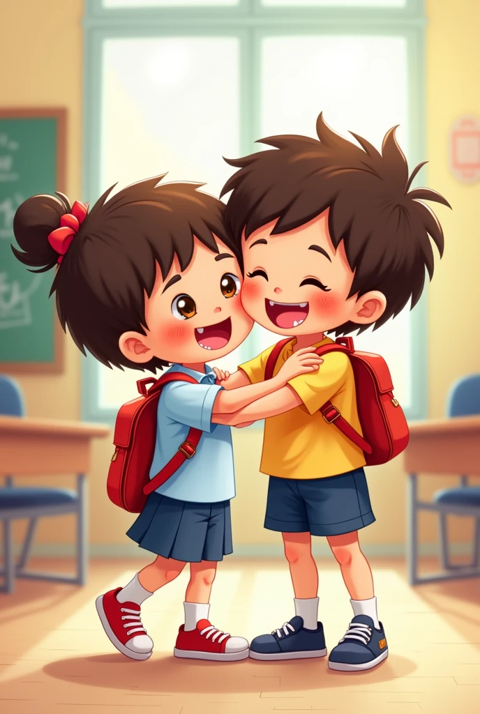 Cartoon of two children hugging each other in a school uniform