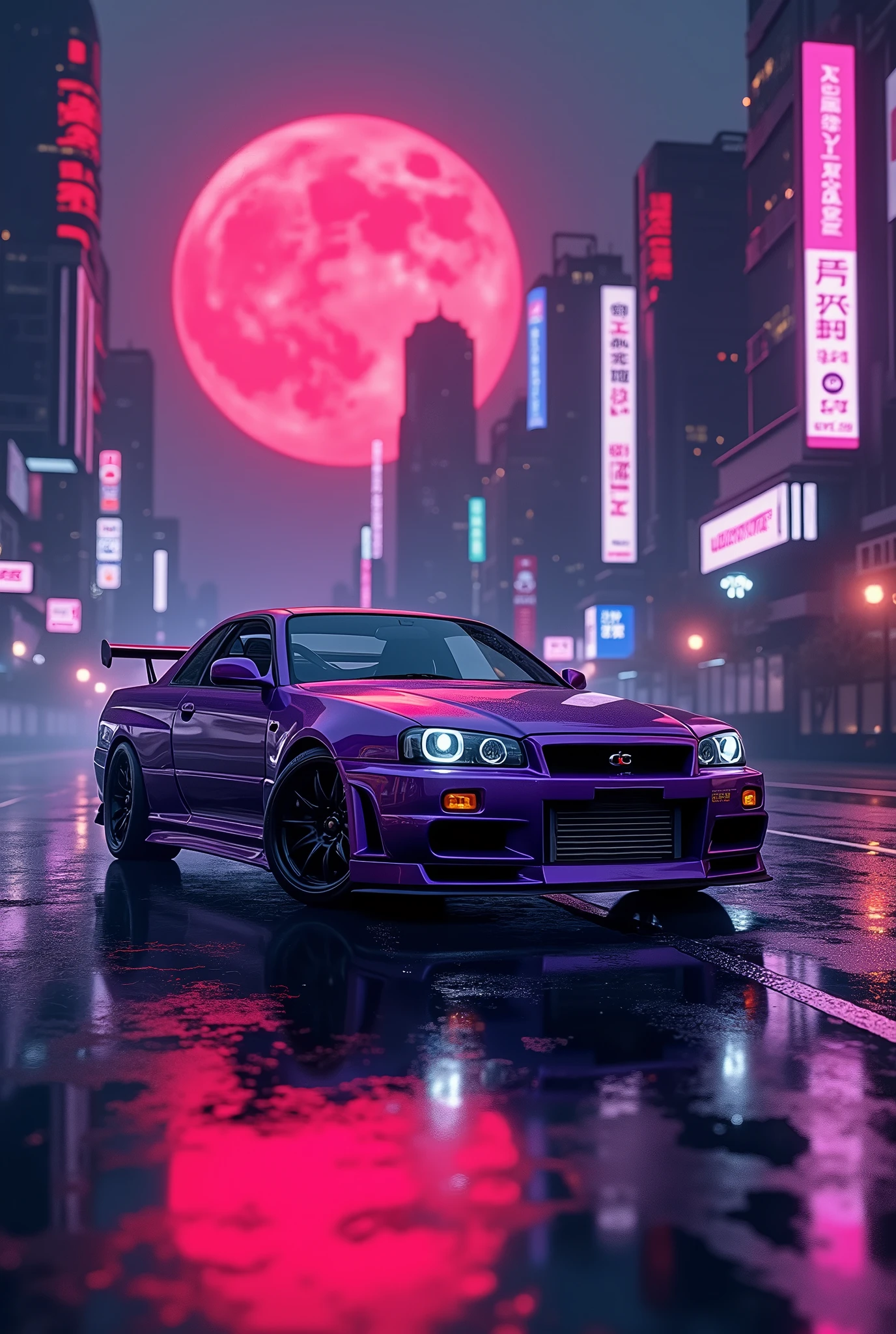 High resolution,anime theme, midnight purple Nissan Skyline R33, modern name spelling, moon, brand logo, cyberpunk, need for speed underground vibes, red moon, car in front,