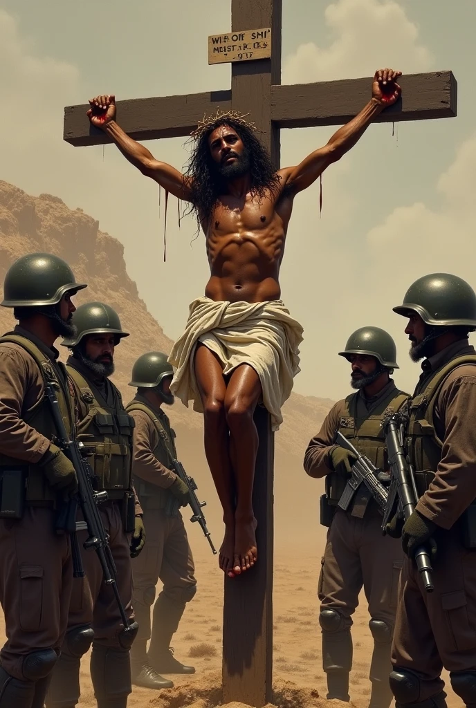 Black Palestinian Jesus Christ being crucified by Israeli soldiers
