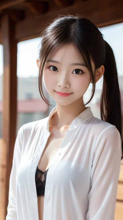 best quality, Masterpiece, high resolution, 1 woman,ponytail,open shirt,round chest,Blush,(Charming smile:0.8),star shaped pupil,Red Chinese Hanfu,beautiful face,Tyndall Effect,reality, dark studio, Edge lighting, Two-tone lights,(Highly detailed skin:1.2), 8g UHD, Digital SLR camera, soft light, High quality, Volumetric light, Frank, photograph, high resolution, 4K, 8ก, Bokeh,(small head)