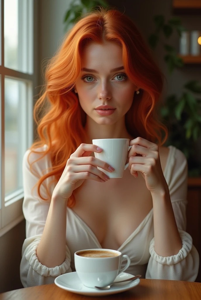Une femme rousse, d'une beauté envoûtante, savoure un café avec une élégance naturelle. Ses cheveux, d'un rouge intense et brillant, tombent en cascades douces autour de son visage, encadrant ses traits délicats et accentuant la profondeur de ses yeux. Elle est assise à une table de café, peut-être près d'une fenêtre où la lumière du matin éclaire doucement la scène.
Elle porte une tenue simple mais sophistiquée, peut-être un chemisier légèrement ajusté qui souligne subtilement sa silhouette. Ses doigts fins enveloppent la tasse en porcelaine, et elle la porte à ses lèvres avec une sensualité discrète. Le contraste entre la blancheur de la tasse et la chaleur de ses cheveux crée une harmonie visuelle qui capte l'attention.
Son expression est sereine, presque contemplative, alors qu'elle savoure chaque gorgée. Le parfum du café embaume l'air, ajoutant une touche de confort à l'atmosphère. Autour d'elle, le café est animé par des conversations légères et le bruit doux des cuillères contre les tasses, mais elle semble plongée dans un moment de calme, profitant pleinement de cet instant. La scène, bien que simple, dégage une sensualité raffinée, rendant chaque geste de cette femme rousse aussi captivant que naturel.