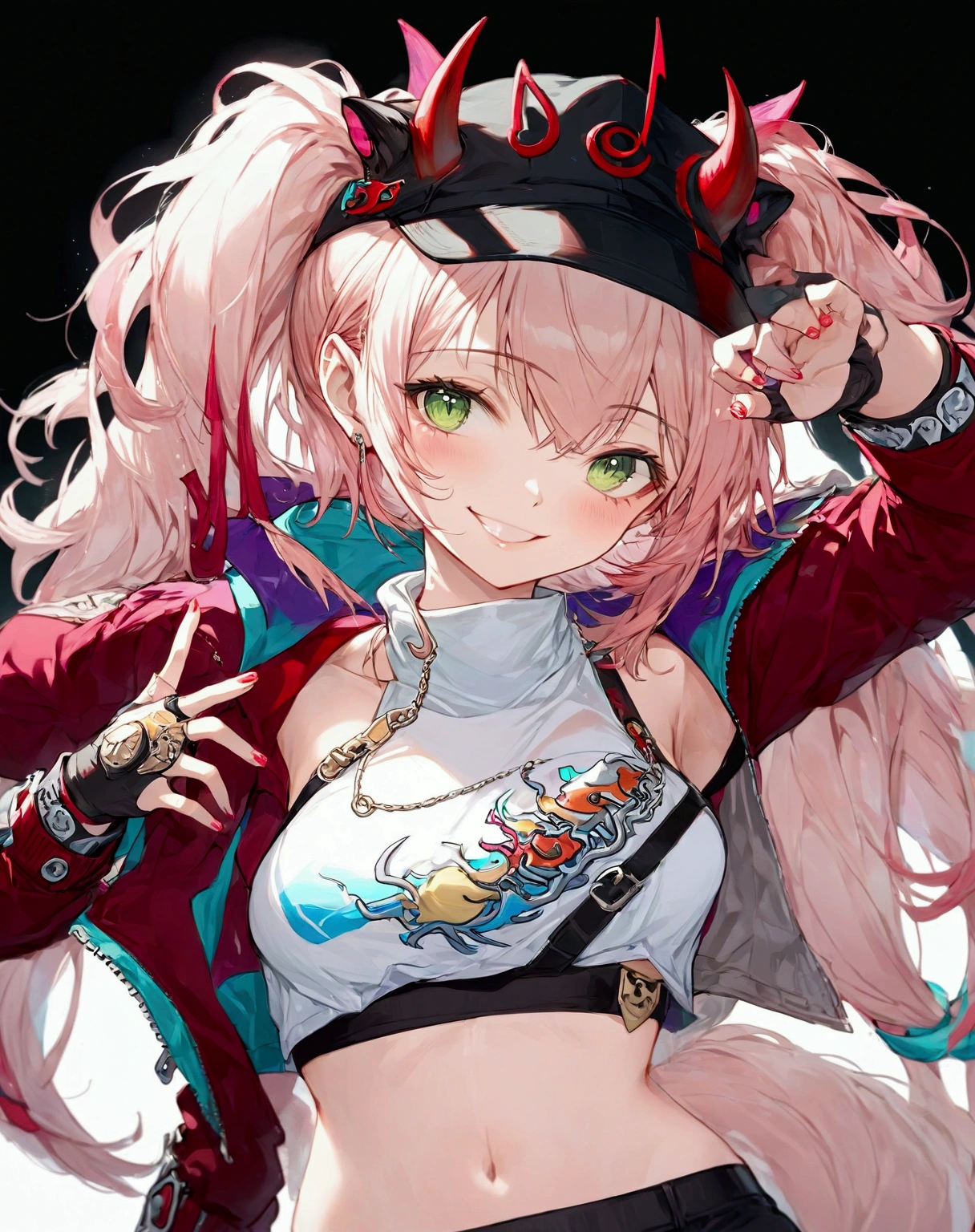 1 girl, fingerless gloves, gloves, green eyes, black cap, red horns, jacket,  looks at the viewer, pink hair, one pony tail, red nails, solo,  chest, white top, green eyes, jacket, looks at the viewer, mid-body, navel, pink hair, one pony tail, black shorts, solo, Hip Strap,  red horns, looks at the viewer, middle chest, navel, one pony tail, short shorts, black shorts, smile, solo, chest, green eyes, smirk, big chest, looks at the viewer, pink hair, red jacket, smile, solo, no ears, The girl winked victory hand, upper body, Little hair, no ears , sexy