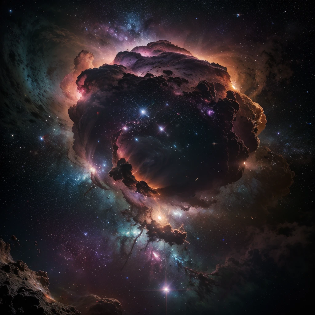 Create a photorealistic image of a deep space nebula, with clouds of gas and cosmic dust spreading over vast areas. The nebula must be rich in colors, including vibrant shades of purple, Pink, blue and gold, with filaments of light shining through the dust particles. In the center of the nebula, bright young stars are being born, emitting an intense light that illuminates the surrounding clouds. The scene must convey the grandeur and chaotic beauty of star formation
