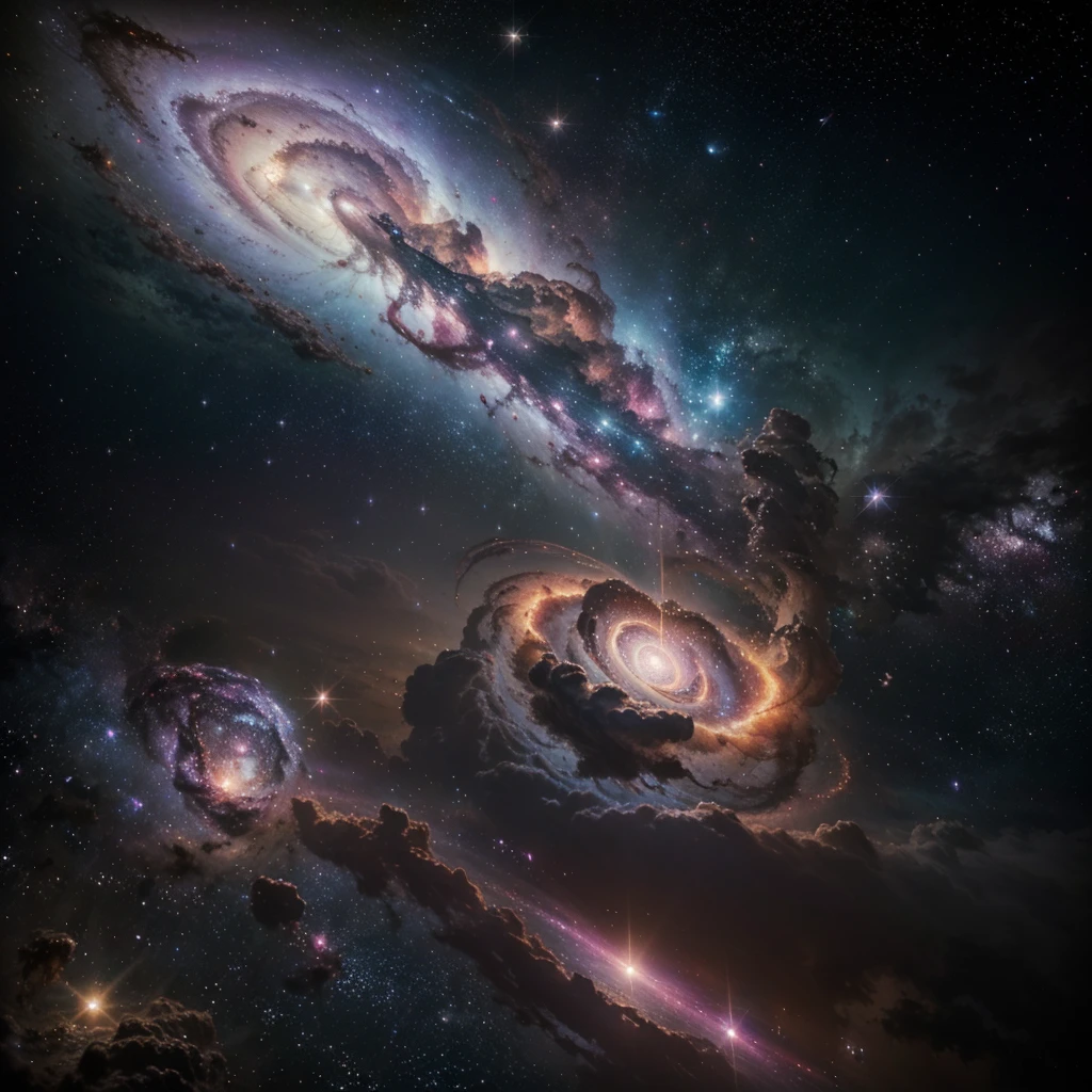 Create a photorealistic image of a deep space nebula, with clouds of gas and cosmic dust spreading over vast areas. The nebula must be rich in colors, including vibrant shades of purple, Pink, blue and gold, with filaments of light shining through the dust particles. In the center of the nebula, bright young stars are being born, emitting an intense light that illuminates the surrounding clouds. The scene must convey the grandeur and chaotic beauty of star formation