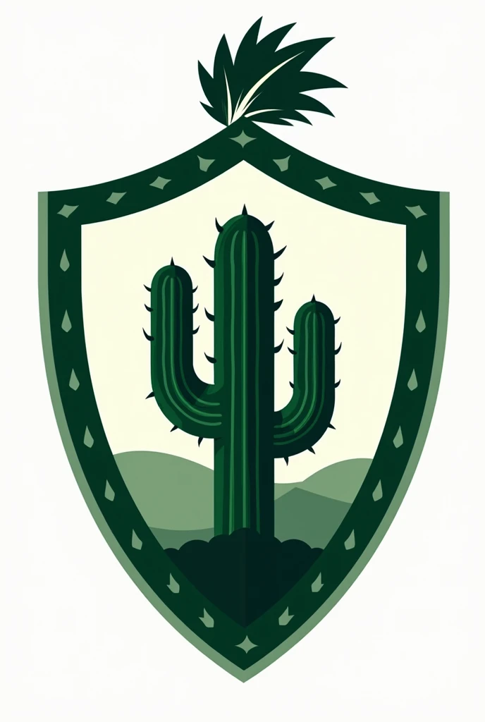A football shield, The base uses the Liverpool shield, Replace the bird in the middle with a cactus and on top have a plume with some legend, The colors can be green and white, that the style is already such that it can be put on uniforms. Do not include the name of the Liverpool team.