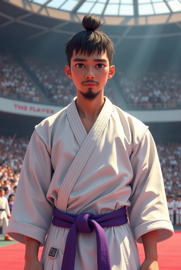 Young karateka man, with a small beard, wearing kimono and purple belt, in a karate championship 