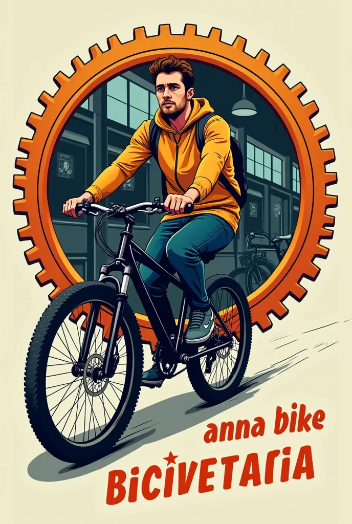 man riding a bike with a gear around it with the phrase below &#39;&#39;AnnA BiKe Bicicletaria&#39;&#39;
