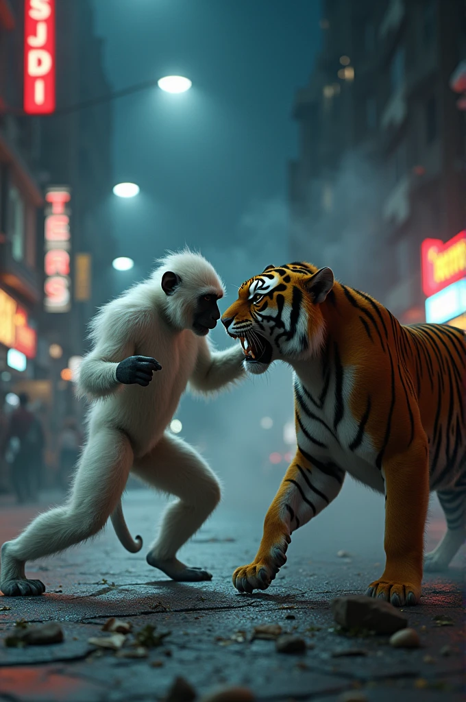 A white monkey with good physique fighting with tiger at mumbai street at night