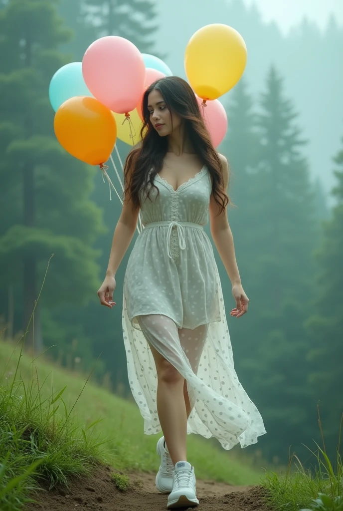 cinematic (solo) A 3 Asian woman with a curvy body and long brown hair, wearing a white polka dot dress, white New Balance shoes, walking carrying colorful hot air balloons, on a hill, with green trees in the fog