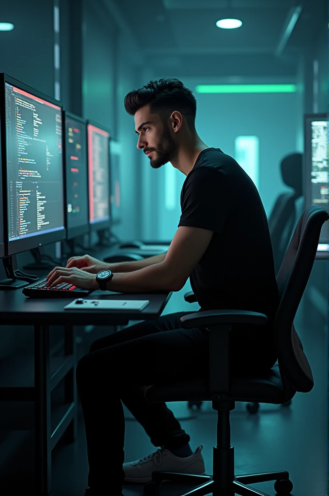 Create a 28 years handsome guy wear a black t shirt and black pant with white shoes doing programming with multiple monitor in Matrix