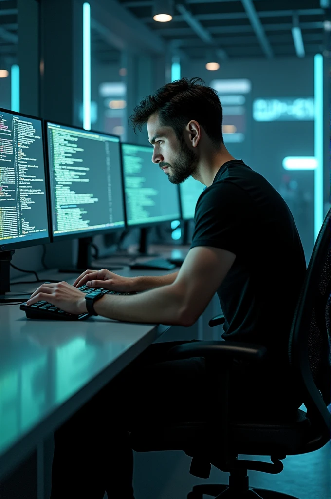 Create a 28 years handsome guy  wear a black t shirt and black pant with white shoes doing programming with multiple monitor in Matrix 