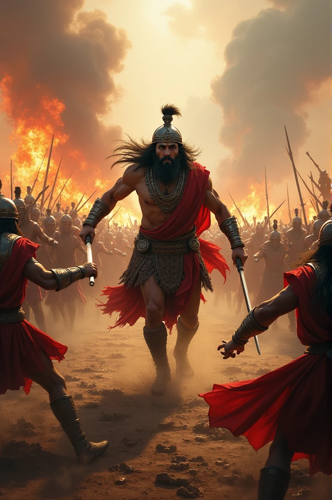 Kurukshetra Battle Scene: Capture the intensity of the battle of Kurukshetra, with Ashwatthama leading a charge alongside the Kauravas. Show him amidst the chaos, clashing with the Pandava forces, with arrows flying and the ground littered with fallen warriors.