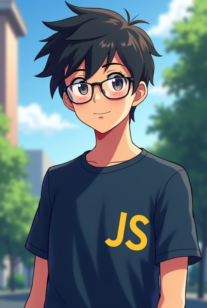 t-shirt , JavaScript logo`The logo is on the right.`,young man,Wear glasses,Anime,
