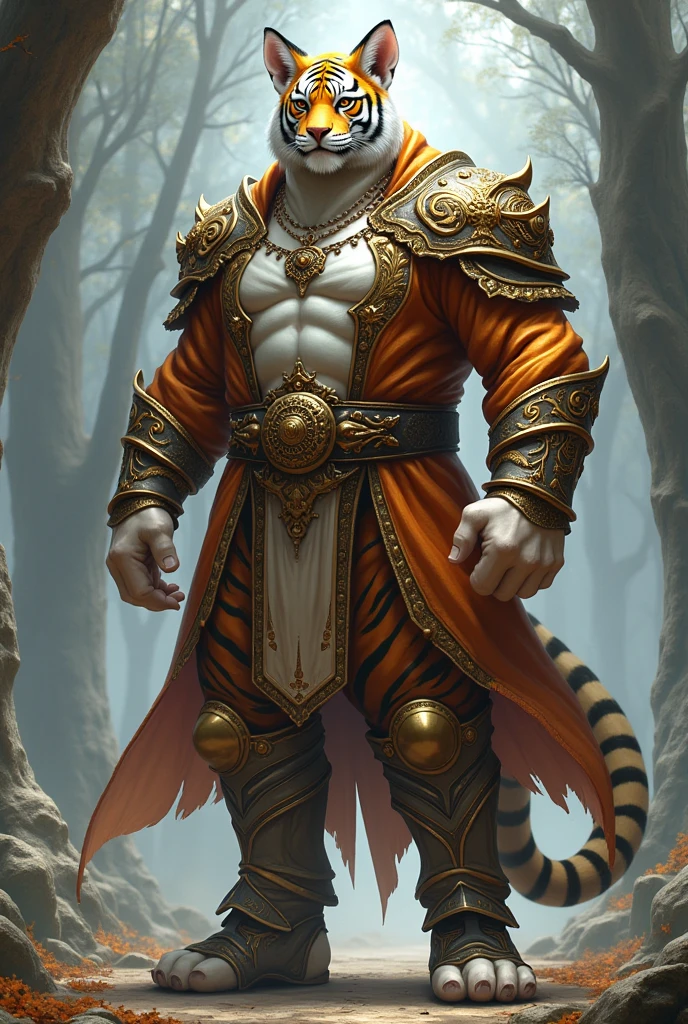 An RPG character, ten mens, Tall man, offwhite, cleric, wearing tiger print armor, with tiger ears and tail and tiger platform clogs