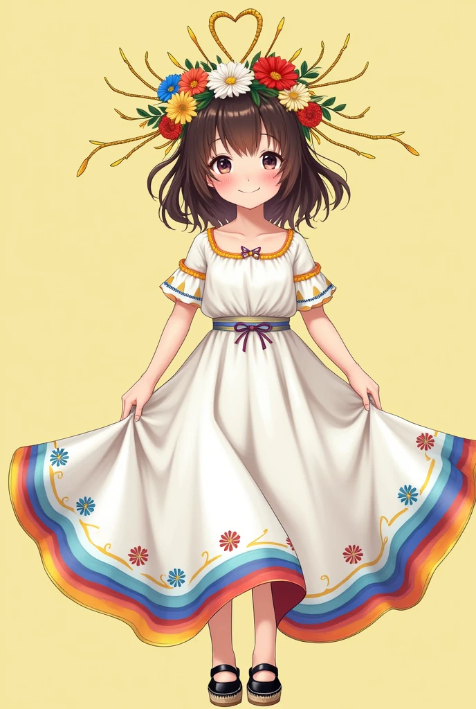 Smiling brunette girl with brown hair up, On the head a flower of yellow, blue and red colors with tendrils of a golden heart, White blouse with yellow, blue and red tones on the shoulders, wide white skirt with colors at the end of the skirt yellow, blue and red and black espadrilles