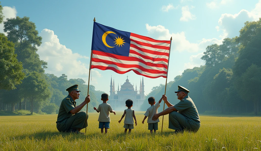 military retirees crouched accompanied by poor children standing in a wide field holding the Malaysian flag against the backdrop of the Borneo forest scenery and very beautiful buildings