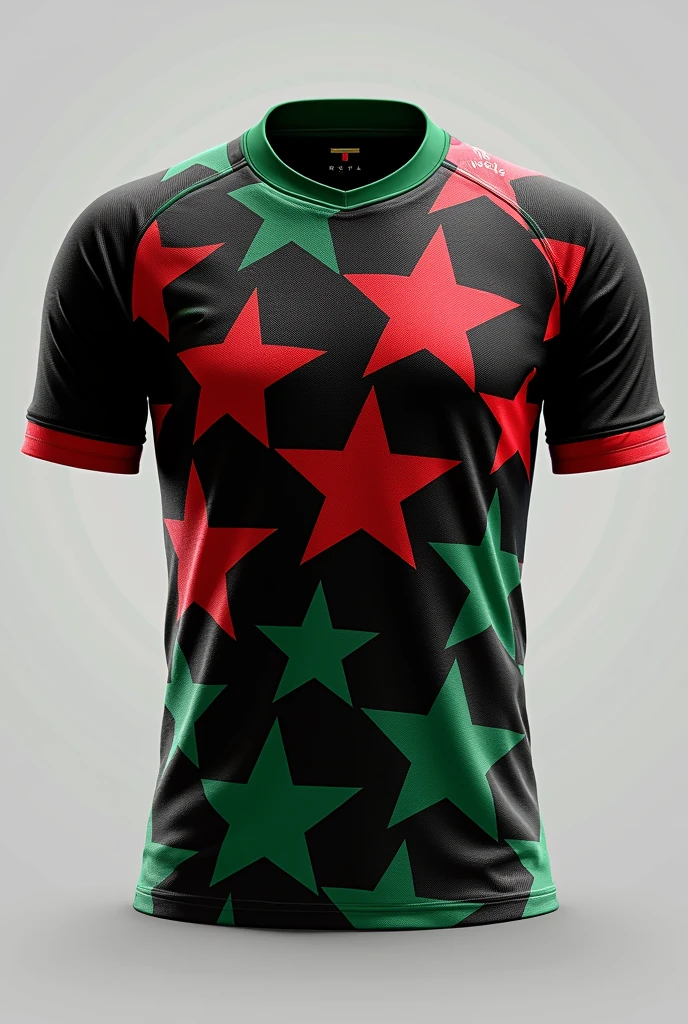 A stars themed national football team jersey using black, red and green colours