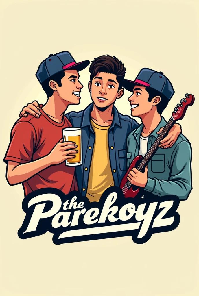 logo of three male Filipino
friends, one holding a glass of beer, the other holding a guitar, the boy in the middle has a mole on his cheek, then there are all wearing snapback cap and below the logo there is the lettering The Parekoyz
