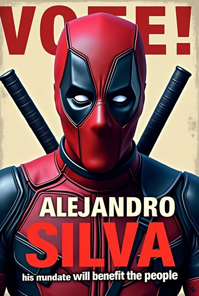 Take a photo of a face-to-face campaign that says "Vote for Alejandro Silva" and below say "His mandate will benefit the people" with a picture of Deadpool