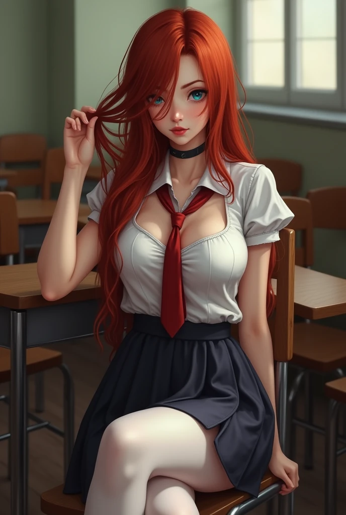 Redhair shy woman front Full maked in school