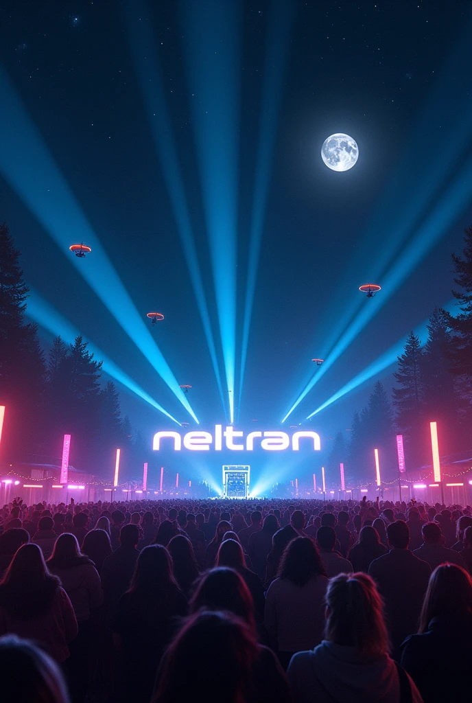 Create a cover for my Tech House set, create a realistic image of a night sky at an electronics party with several people, where drones will be writing “Neltran” in the sky