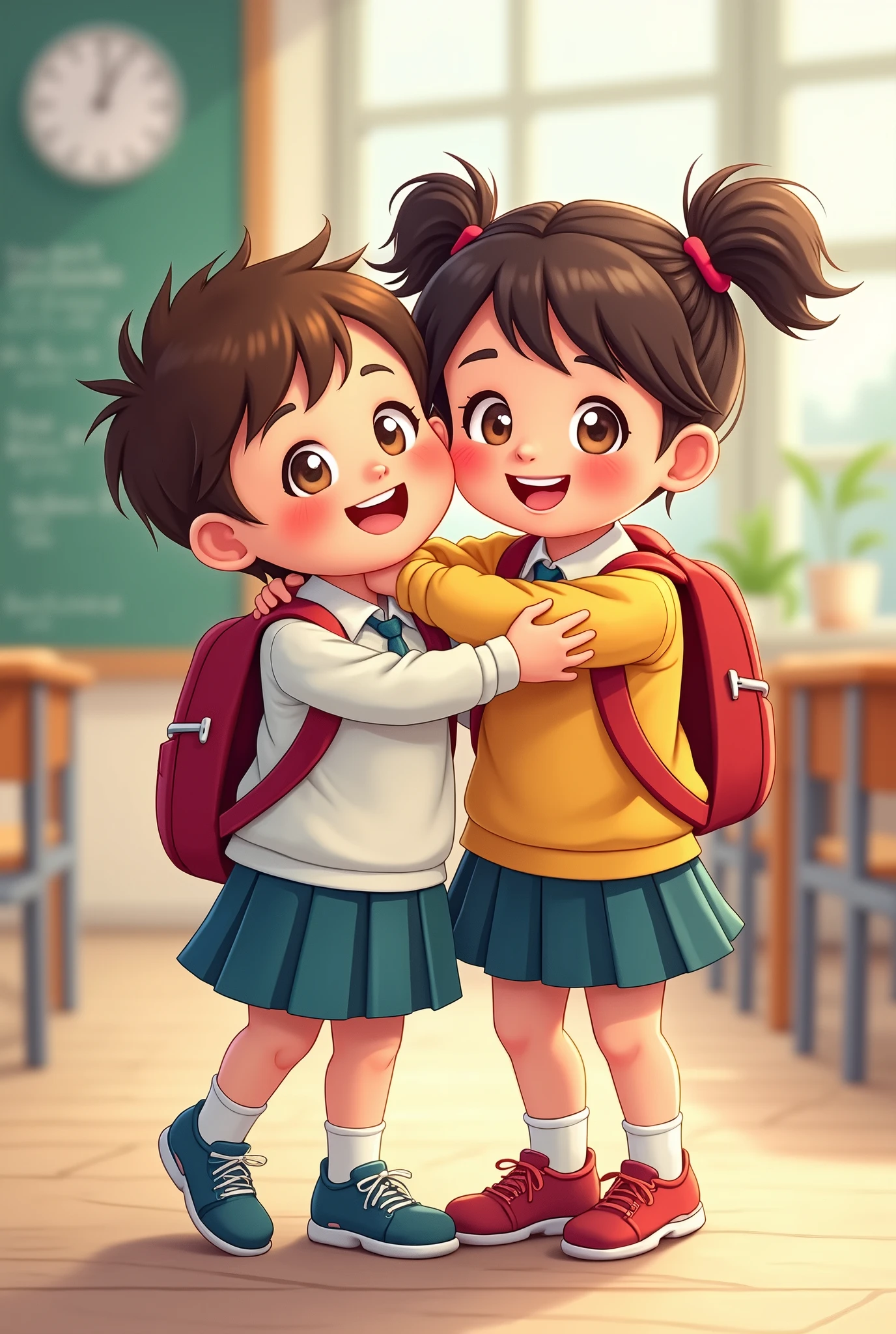Cartoon of two children hugging each other in a school uniform