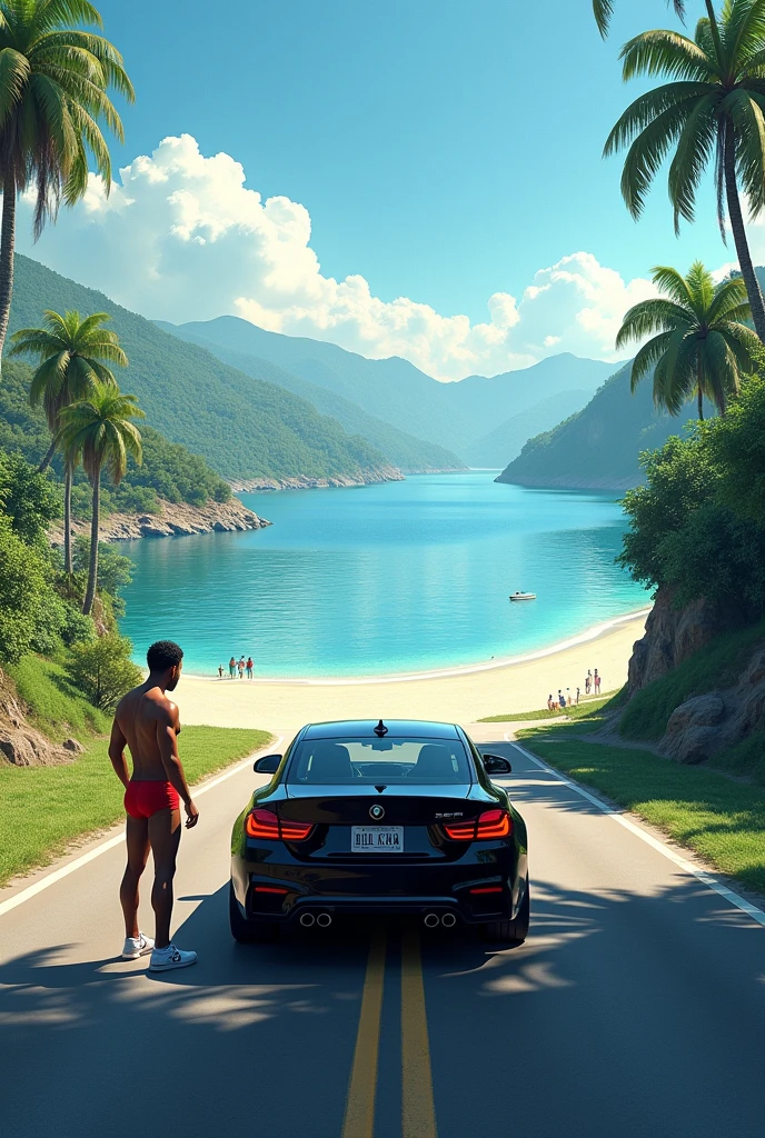 Black car stopped at the end of a paved road that ends in a large lake with water on all sides, panoramic view, lots of green and white sand beach with lots of people. Man in red underwear next to car. Bandeira of the state of el Salvador city, flag, Salvador city, brazil, Hispanic, 2 5 6 x 2 5 6 pixels, child, downtown, jamaica, cuba, colombian, Resolution 1128x191, vexilology, avatar image, brazil, clean image, full - view, city of Armenia, portra