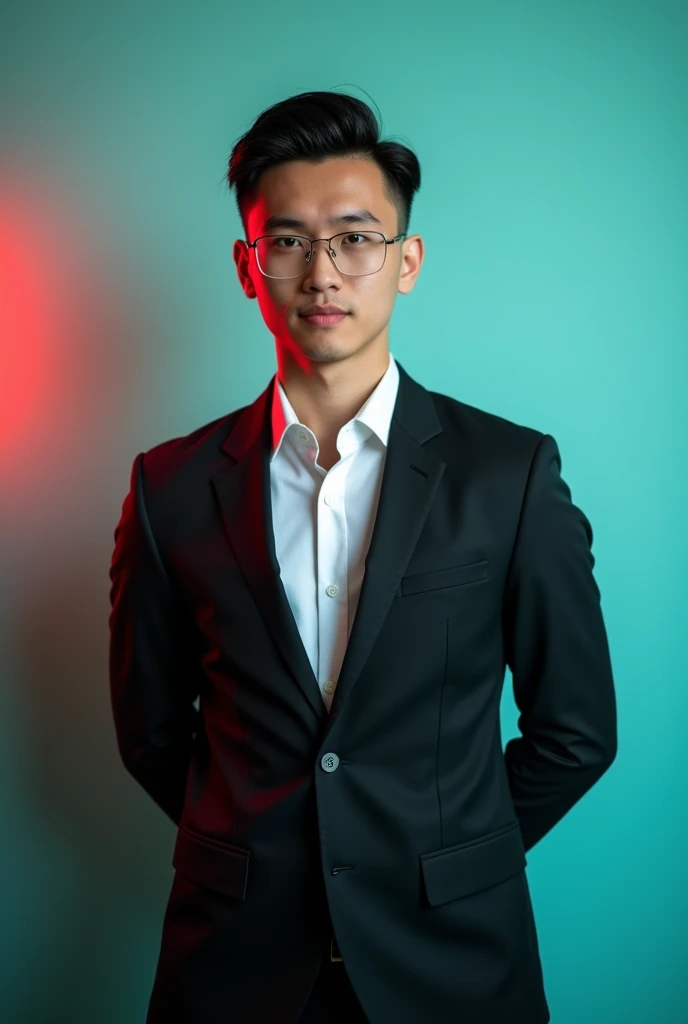 A young man with dark undercut hair with a oval face. He is dressed in a black blazer over a white shirt. The man is positioned against aqus colour backdrop with a subtle red lighting on the left side and he posing for linkden profile.