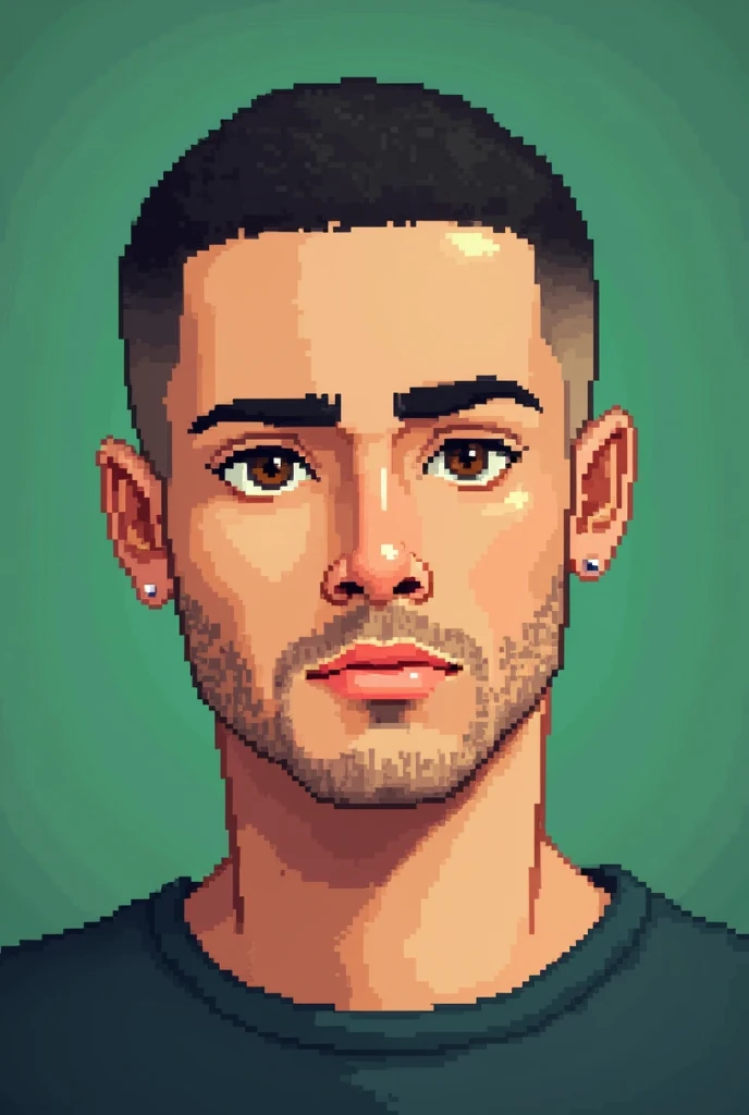 A young, very light-skinned Caucasian man in pixel art, he has black shaved hair, brown eyes and a little hair on his face and has a green background behind him