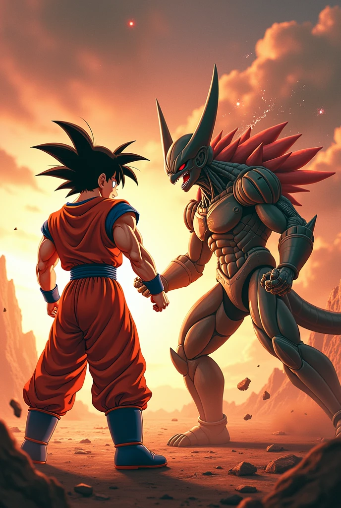 Create an image of Goku facing Cells