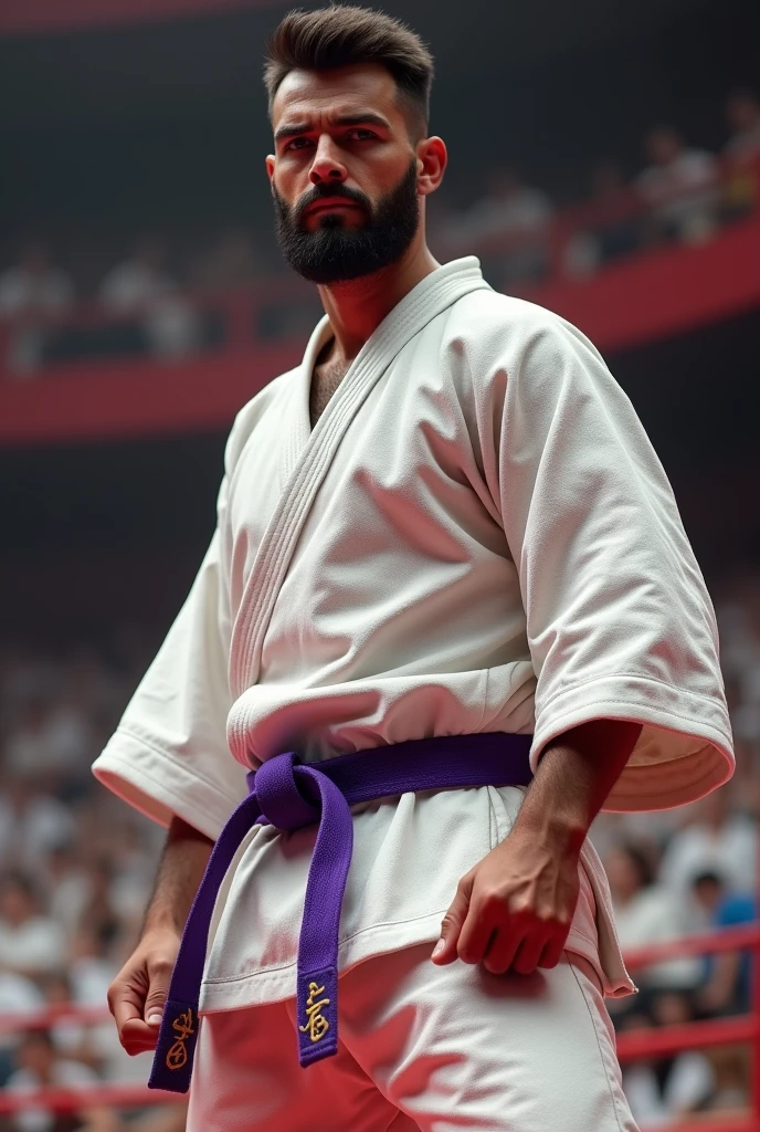 Young karateka man, with a beard and short hair, wearing kimono and purple belt, in a karate championship