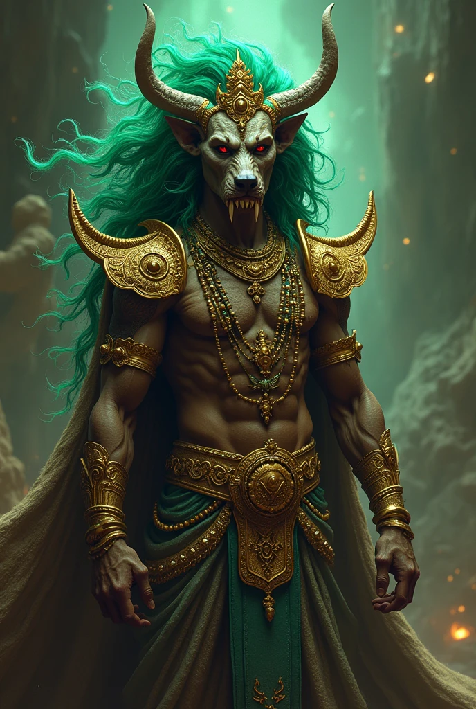 Kali Purusha is not a physical entity. He himself is a source of negative energy. However, multiple texts describe him as an Asura with a dog face, big fangs, pointed ears, brown skin, and green hair. He is shown wearing the attire of a king decorated with golden ornaments.