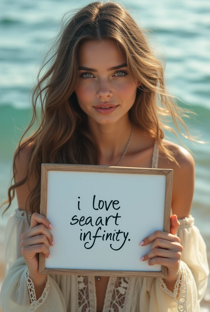 Beautiful girl with wavy long hair, bohemian dress, holding a white board with text "I Love Seaart Infinity" and showing it to the viewer