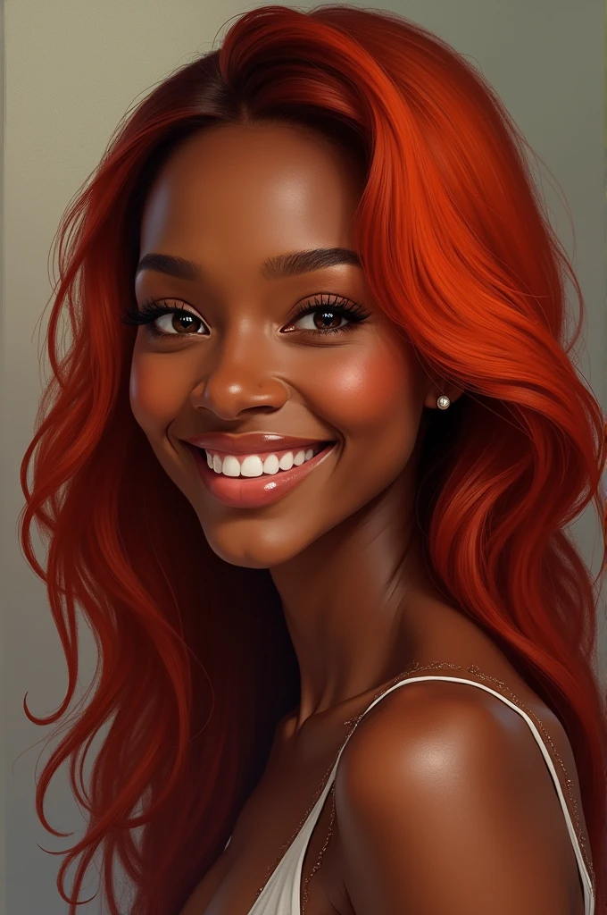 MAKE a red-haired, black-skinned woman with a smile