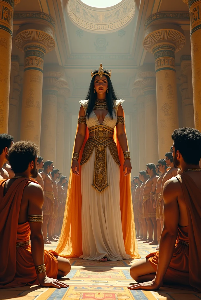 Queen Cleopatra with men kneeling before her