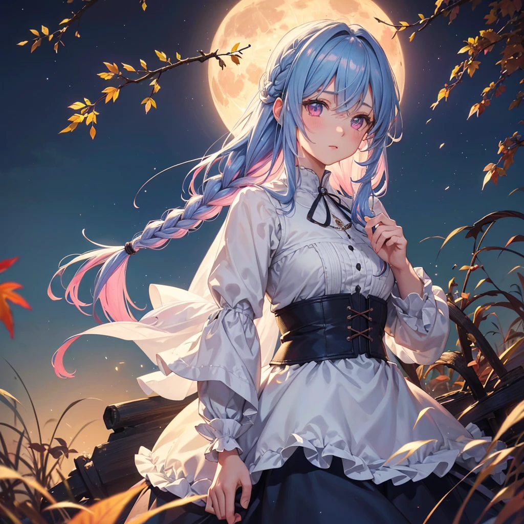 (Braiding hair),(Sky blue medium hair), (Pink eyes),(Fair skin)  ,(whole body),(One Girl),(harvest moon),(A large amount of Miscanthus sinensis in the background),autumn,(full moon),(masterpiece, Highest quality, Very detailed, Best Shadow), (Detailed Background), (Beautifully detailed face), High Contrast, (Best lighting, Very delicate and beautiful), ((Cinematic Light)), Hyper Detail,8k, Dramatic Light, Intricate details,Autumn leaf viewing,