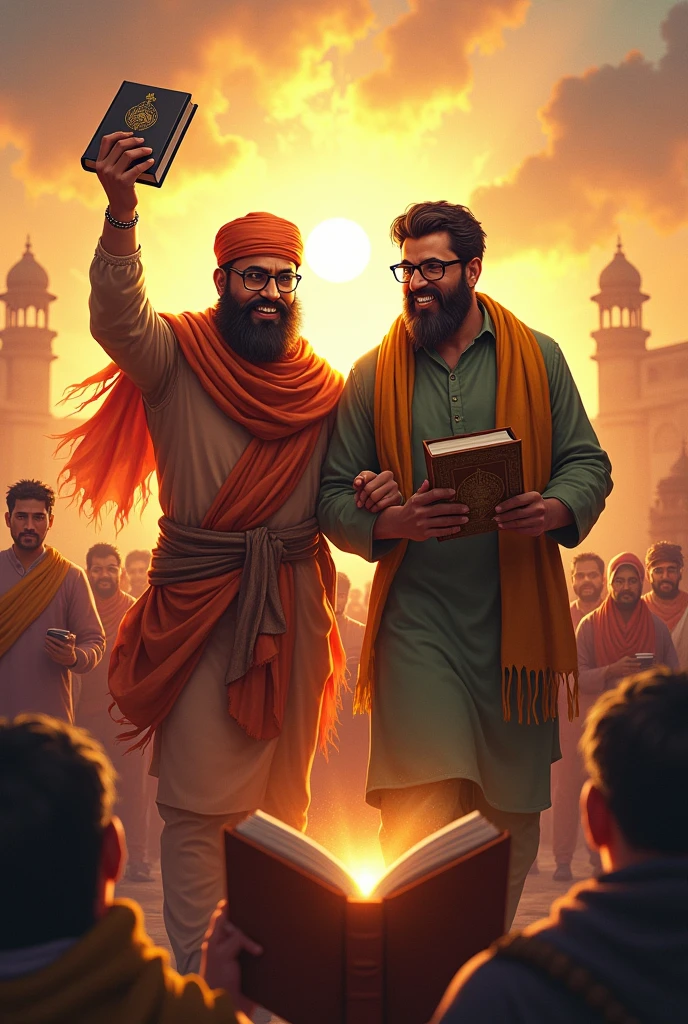 Picture of Indian Muslim and Hindu where both of them are holding things in their hands and are in excitement. The scene behind will be of India and the leaders will be coming to kill them and the books will be saving them.