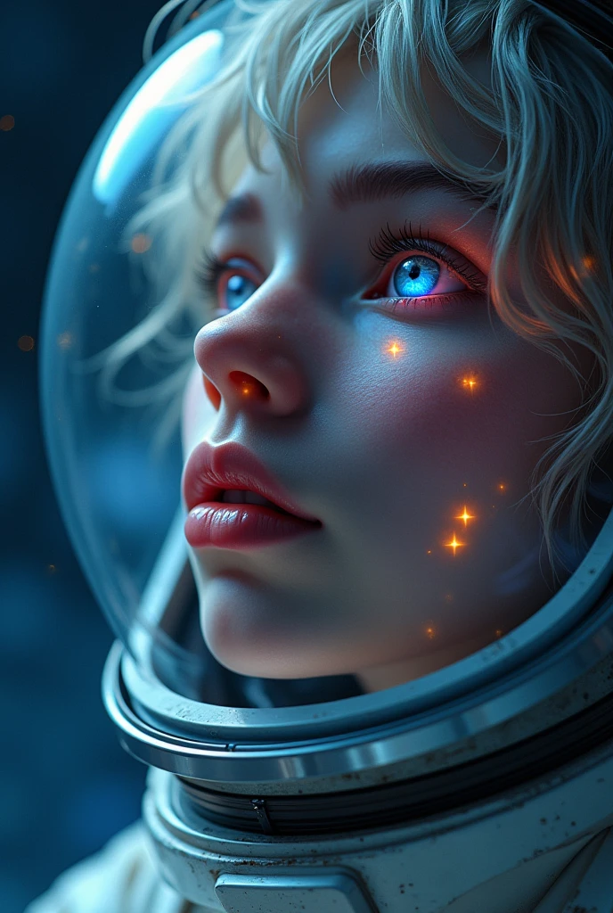 (Close-up of a better masterpiece:1.5)0.9], (Space and astronauts:1.2) (Messy silver hair:1.1) (Heterochromia xanthochromia and blue eyes:1.2) (Space Helmet:1.0) (Colored stars in the eyes:1.0) (A radiant glow:1.1) (thick lips:0.9)