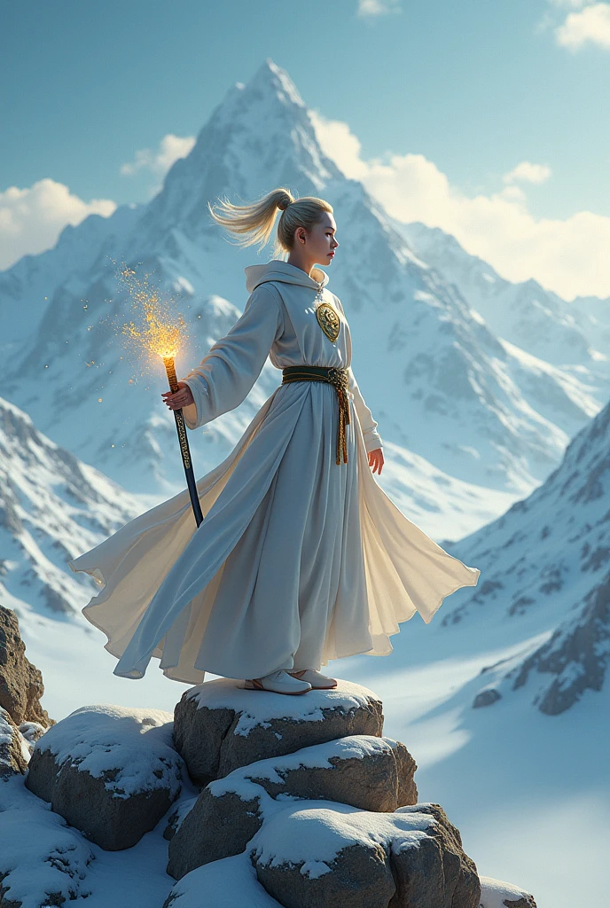 (masterpiece, best quality, beauty, best ratio, best shadows,best Illustration, wallpaper size,1080×2400 pixels) 
Uhd, korean beauty like tae yon, kungfu taichi pose, full posture fully visible, shining blue eyes, windblown short blonde  hair, wear titanium full hoody armory with elegant emblem, hand holding a sword emits gold energy, standing on top chess piece pillar. Morning sky full snow and top snowing mountain seen on far away. use the RenderMan renderer.digital art. High definition, high contrast,high color saturation,128k,cinematic lighting, intricate,cinematic advertising photograph,cinema lens,high res.