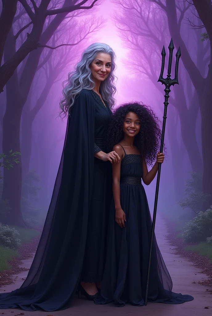 a road with a purple background, with two women smiling from behind, an old woman with wavy hair, long and gray with a black cape, and a girl with curly hair, black and black with a long black dress holding a trident