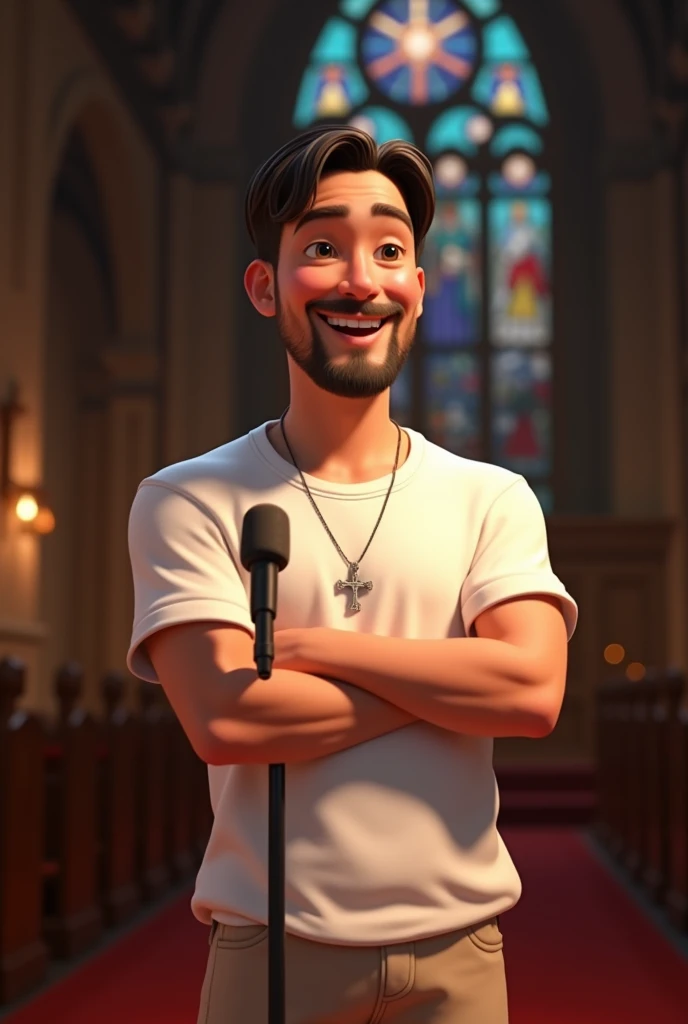 A Disney Pixar-style image, of an 1 white male, flat hair, dark browns, fallen at ear height. Asian eyes and beard, loose white t-shirt and beige pants, silver necklace with cross pendant. He is smiling with his arms crossed, with a microphone in hand, in a black colored church