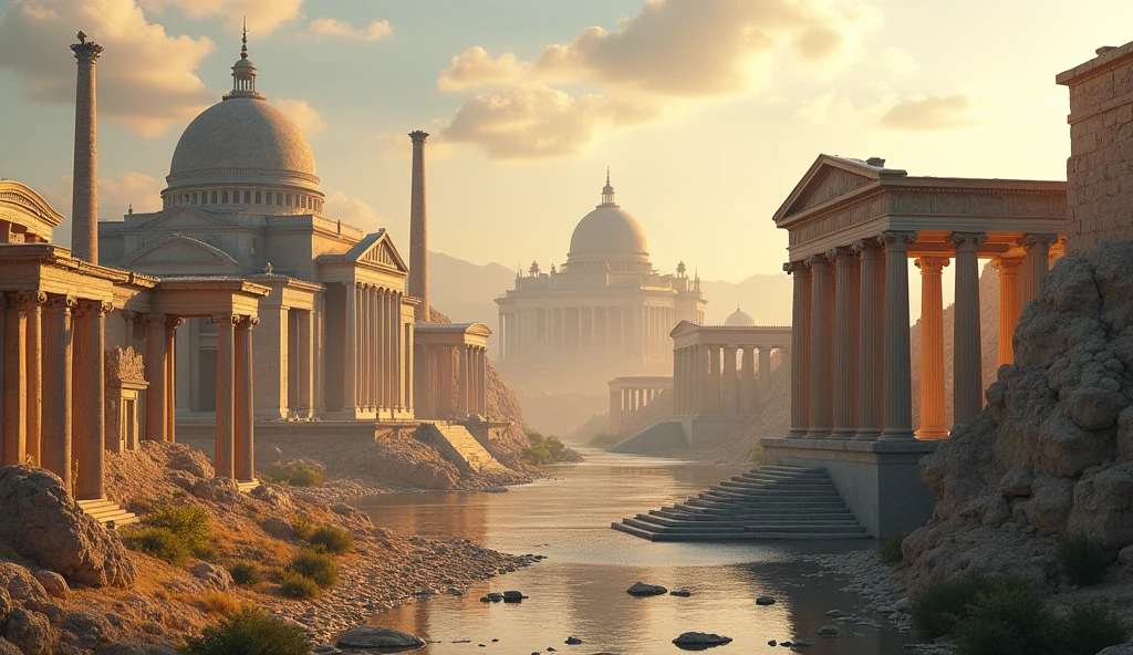 "A montage of famous empires: Roman colosseums, Persian palaces, and Greek temples. The image shows a progression from glory to ruins, with time passing like a breeze through the scene."