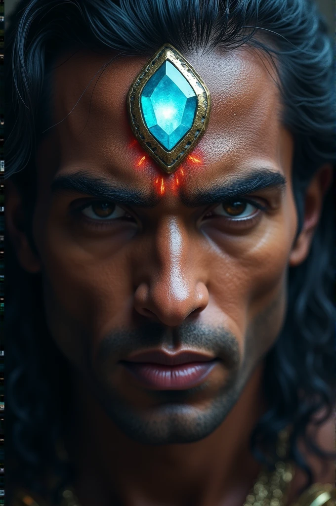 Ashwatthama’s Forehead Gem: Focus on a close-up of Ashwatthama’s face, highlighting the priceless gem on his forehead. The gem should radiate a mystical light, symbolizing his invincibility. His expression should be one of power and resolve.