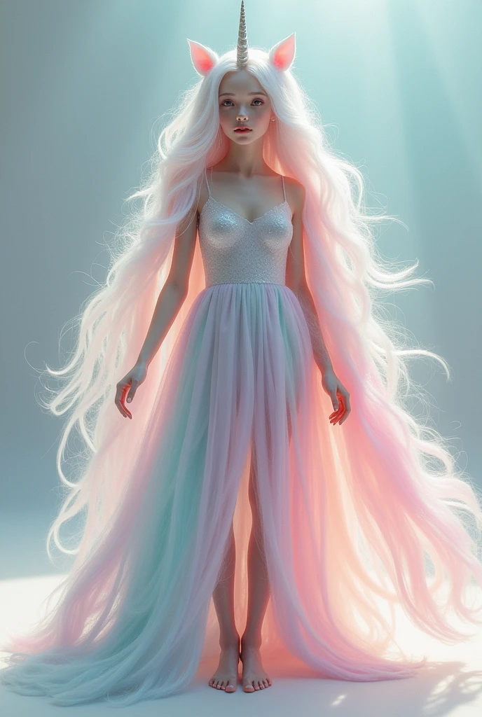 1 white girl as a unicorn with unicorn hair all over from head to toe full body.