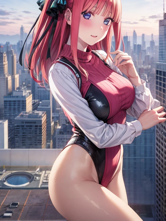 best quality, insanely detailed, nino nakano, breasts, blush, looking at viewer, cheerful eyes, arousal,long sleeve leotard, highleg leotard, athletic leotard, tight leotard, naked, full body, spread legs, masturbation, nsfw, roof top background, airwalking