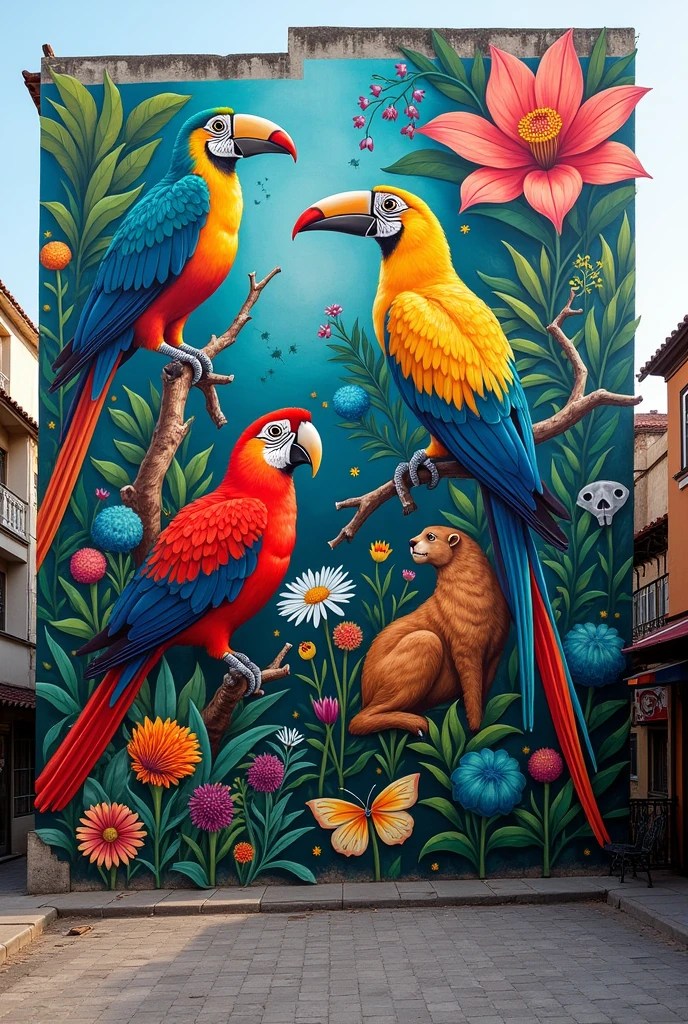 create an urban mural, based on Chilean things, based on chile and its fauna, that is, its vegetation and animals, Do it with high contrast and saturated colors