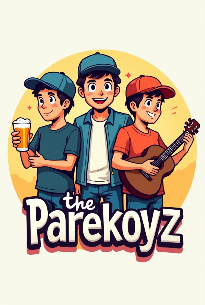 logo of three male Filipino
friends, one holding a glass of beer, the other holding a guitar, the boy in the middle has a mole on his cheek, then there are all wearing snapback cap and below the logo there is the lettering The Parekoyz