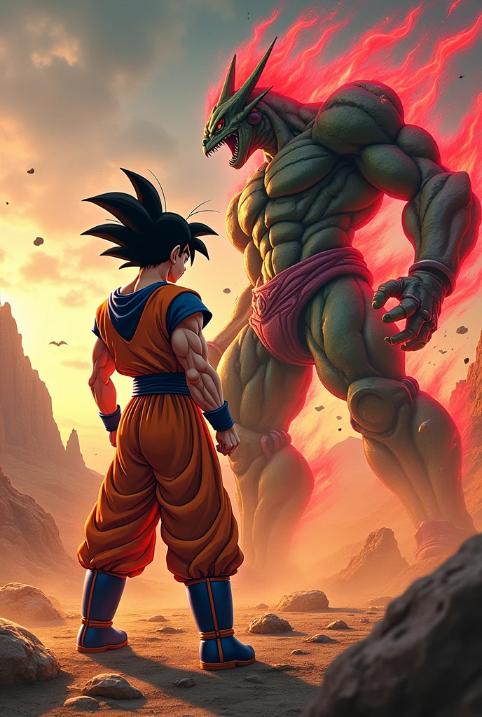 Create an image of Goku facing Cells
