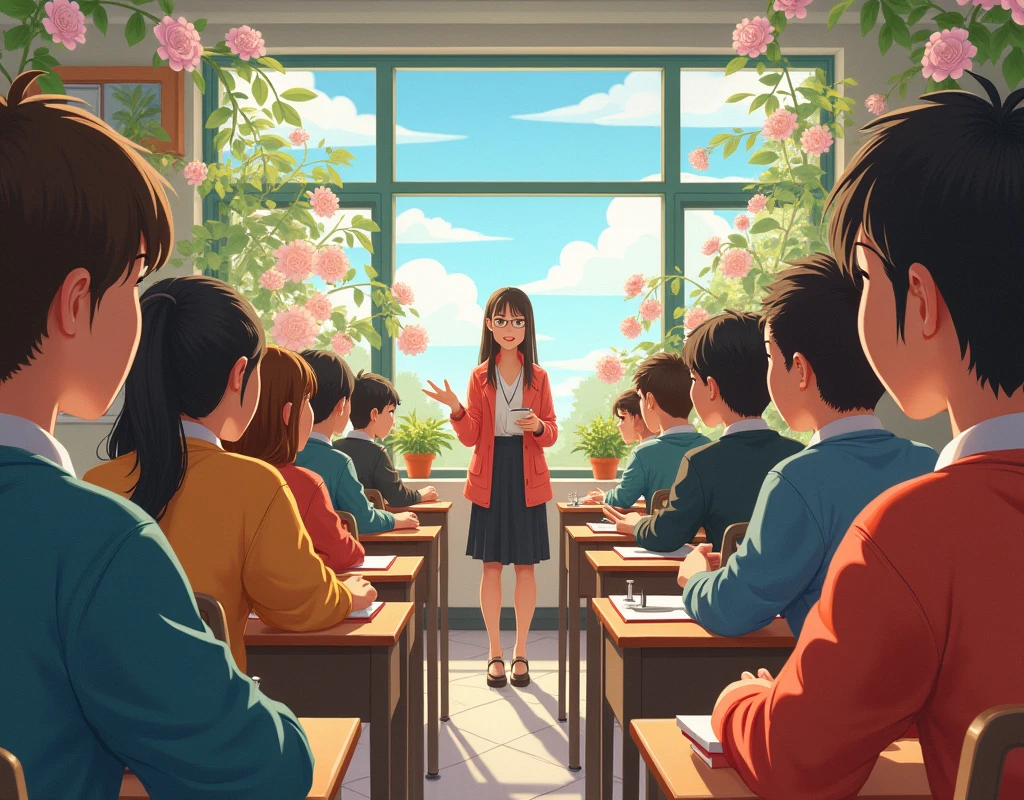 Quality first,masterpiece in detail,pov in class with student and teacher, wide angle,full of student ,fresh flowers,Rich in color
